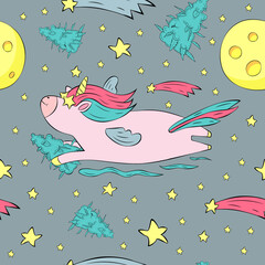 Vector pattern with unicorn and cannabis in the sky - 385333201