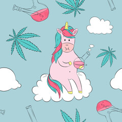 Vector pattern with cannabis and unicorn - 385333449