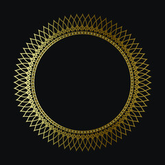 Luxury frame of gold color on a black background. Ornamental frame for cafe, restaurant, shop, print, stamp, elegant card. wedding invitations; Isolated element. Vector	
