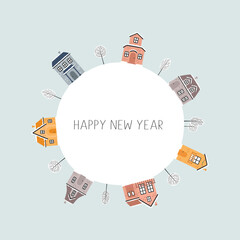 Christmas card with houses, Happy new year.