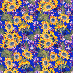 Fototapeta na wymiar Sunflowers with irisflowers seamless pattern. Watercolor illustration, handpainted art.