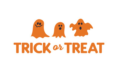 Cute cartoon ghost with trick or treat text design. Funny Halloween illustration.