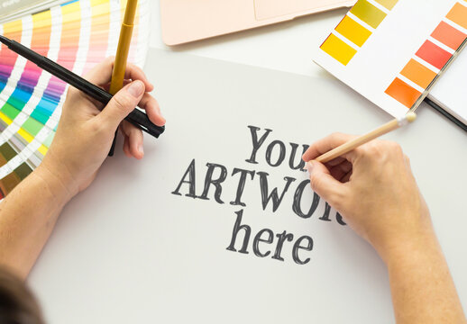 Hands Drawing an Artwork Mockup