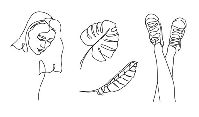 COllection of modert illustrations. Contemporary art with woman silhouette, tropical leaves and legs in laced sneakers