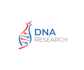 Scientific technology logo design. Medical biochemistry laboratory vector design. Human DNA with lab flask logotype