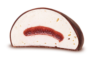 Chocolate candy bird's milk with cherry filling cut in half