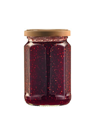Glass jar with raspberry jam, closed with a metal lid, isolated on a white background