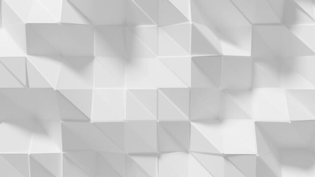 Abstract Polygonal Geometric Surface Loop 9 White: elegant, smooth animation of a triangular polygon mesh in porcelain white. Clean low poly motion background. Minimal white 3D animation.