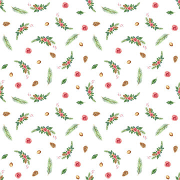 Merry Christmas floral seamless pattern on a white background. 
Stock illustration. Hand painted in watercolor.