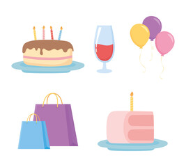 party celebration bags cakes with candles balloons and wine cup icons