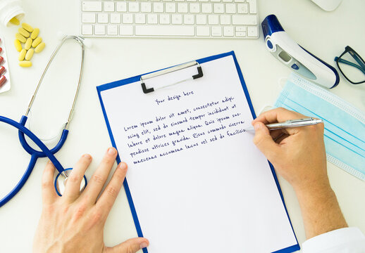 Doctor Writing a Report on a Desktop Mockup