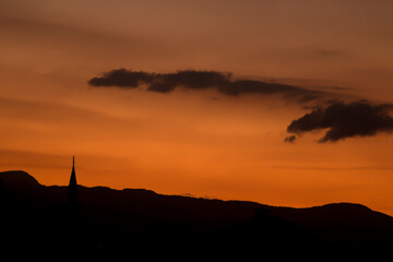 Red sky and clouds in the evening. Sunset.