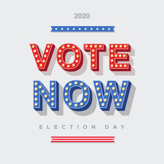 Vote Now 2020 icon, vector lettering, colorful typography with light bulbs. Retro style text isolated on white background. Election day in USA, debate of president voting. Poster or banner design.