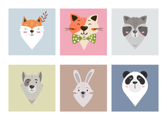Cute cartoon animal faces for baby clothes or cards - fox, cat, racoon, dog, rabbit, panda bear. Simple vector illustration of animals characters. 