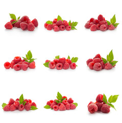 Raspberries collection with leaf isolated on white background