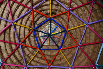Geodesic Dome with structures made up of a network of triangles. Reconstruction of a large round...