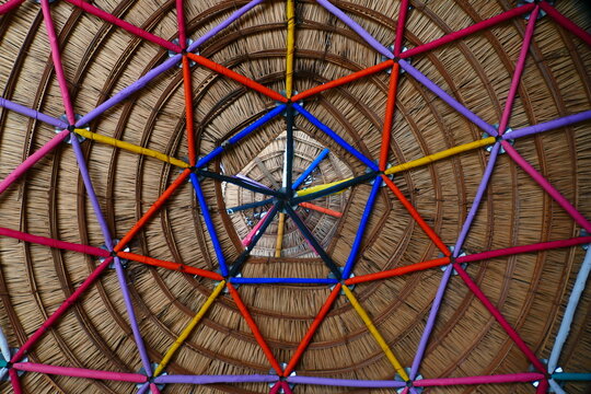 Geodesic Dome with structures made up of a network of triangles. Reconstruction of a large round community houses, so-called Maloca house from indigenous peoples. Village of Solim&otilde;es, Par&aacute;, Brazil