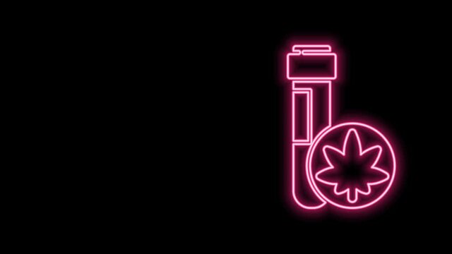 Glowing neon line Chemical test tube with marijuana or cannabis leaf icon isolated on black background. Research concept. Laboratory CBD oil. 4K Video motion graphic animation
