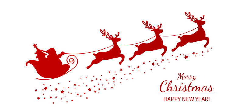 Christmas poster or packaging. Santa Claus on a sleigh with reindeer drawn by one continuous line.