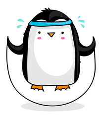 Cute cartoon sporty penguin jumping rope