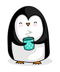 Cute cartoon penguin having a hot cup of tea
