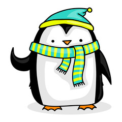 Cute cartoon penguin wearing a hat and a striped scarf