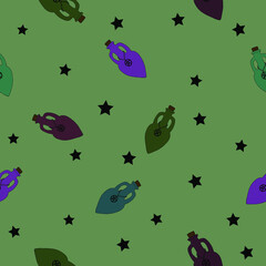 Magical  bottle for potion and stars. Seamless pattern with witch object Mystical illustration .Vector card on color green background.  Perfect for background, e wrapping paper, textile, print. 