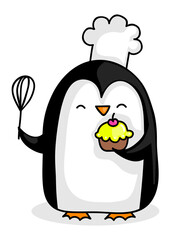 Cute cartoon penguin chef with a cupcake