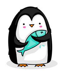 Cute cartoon penguin holding a fish