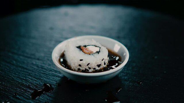 Splash Rol Sushi en salsa de soya en un plato redondo. Rol de sushi cayendo suavemente en un bol de salsa de soya. 240 Fps HD 