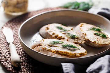Toasts with pate and fresh drill. Healthy appetizer.