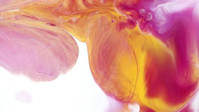 Fluid art painting footage, trendy acrylic texture with colorful waves. Liquid paint mixing artwork with splash and swirl. Detailed background motion with pink, white and yellow overflowing colors