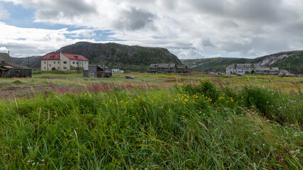 Houses in the village of Teriberka on the Barents sea coast, Russia, August 2020