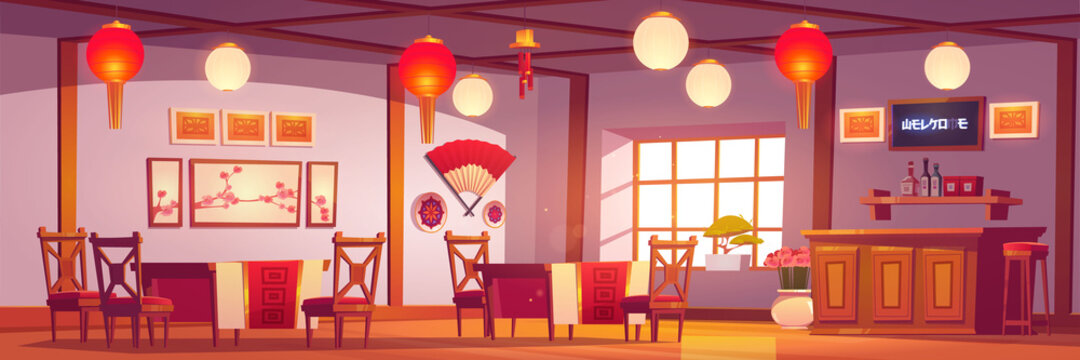 Chinese Restaurant Interior, Empty Cafe In Traditional Asian Style With Red And Gold Decor, Lanterns, Sakura Pictures, Cashier Desk, Cafeteria With Wooden Tables And Chairs Cartoon Vector Illustration