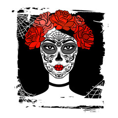Sugar Skull Girl. Day Of Dead, Traditional Mexican Halloween, Dia De Los Muertos. Woman with makeup sugar skull with roses flowers wreath. Vector illustration.