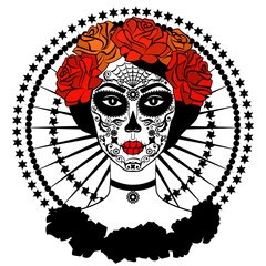 Sugar Skull Girl. Day Of Dead, Traditional Mexican Halloween, Dia De Los Muertos. Woman with makeup sugar skull with roses flowers wreath. Vector illustration.