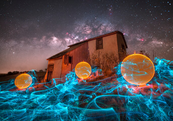 Light Painted Orbs Around an Abandoned Building, Long Exposure Photography  