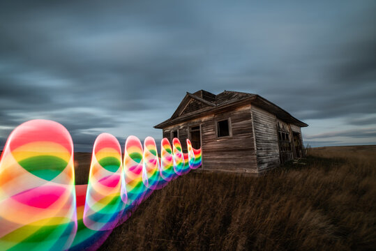 Light Painted Path Coming out of an Abandoned House, Long Exposure Photography 