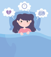 insomnia, girl cartoon on bed with headache worried