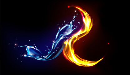 Fire and water splash abstract design, opposites unite concept, blue liquid aqua with splashing drops and blazing wave with flying sparks isolated on black background Realistic 3d vector illustration