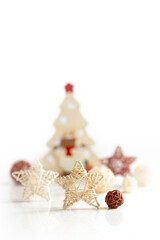 Merry Christmas greeting card, banner. Wicker stars and balls. Copy spase. 