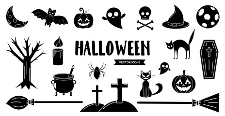 Halloween vector icons set. Black holiday pictograms collection. Halloween lettering.