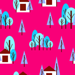 Seamless pattern with winter blue trees and white house. Pink background. Cartoon flat style. Garden or forest. Merry Christmas. Postcards, wallpaper, textile, scrapbooking and wrapping paper