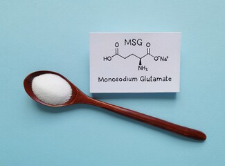 Structural chemical formula of monosodium glutamate (or MSG) with spoonful of white glutamate...