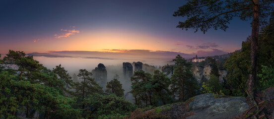 Amazing sunset and sunrise view of Trosky and Hruba Skala.