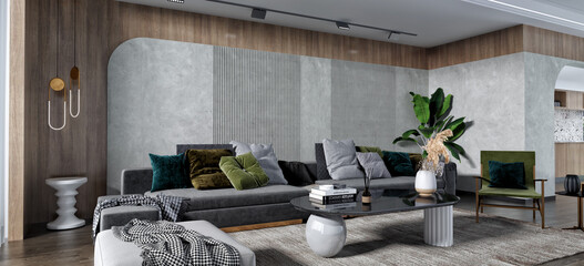 Modern interior style with grey sofa, pillows in earth colors, concrete and wood wall, 3d rendering