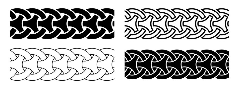 Set of four seamless meander patterns. Repeating stylish ornaments isolated on white background. Japanese, korean motif. Rectangular shapes. Vector monochrome illustration.