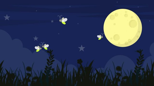 firefly flying in the night sky animation footage,starry night,plants and clouds