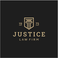 Law firm symbol logo, justice scale and shield vector icon