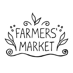 Farmers market. Vector logo or label. The concept of a natural product, eco-friendly, fresh and clean. Hand-drawn inscriptions. Healthy life. Element for designing the menu of a restaurant, cafe